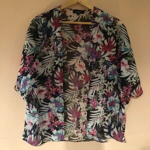 Sheer Palm Leaf Floral Hawaiian Open Front Cap Sleeve Festival Kimono Top XS/S